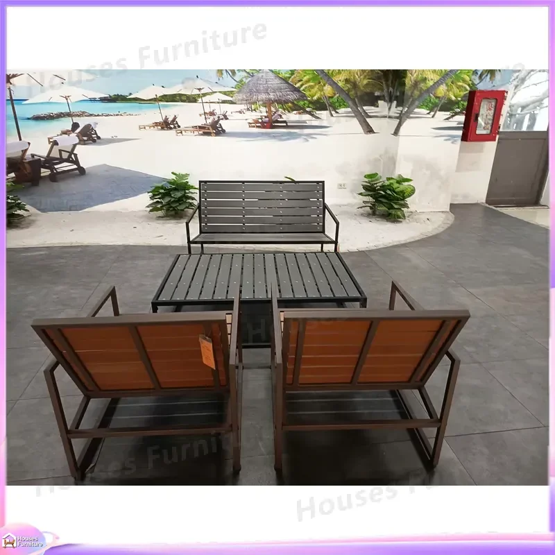 Modern Outdoor Patio Table and Chair Set Wooden Top Steel Frame Garden Furniture for Park Villa Yard Decking Dining