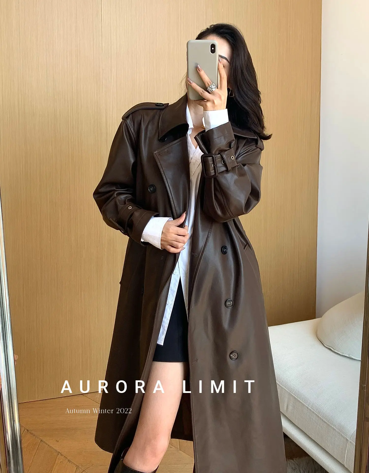 Lautaro Spring Autumn Long Loose Brown Pu Leather Trench Coat for Women Belt Double Breasted American and European Fashion 2023