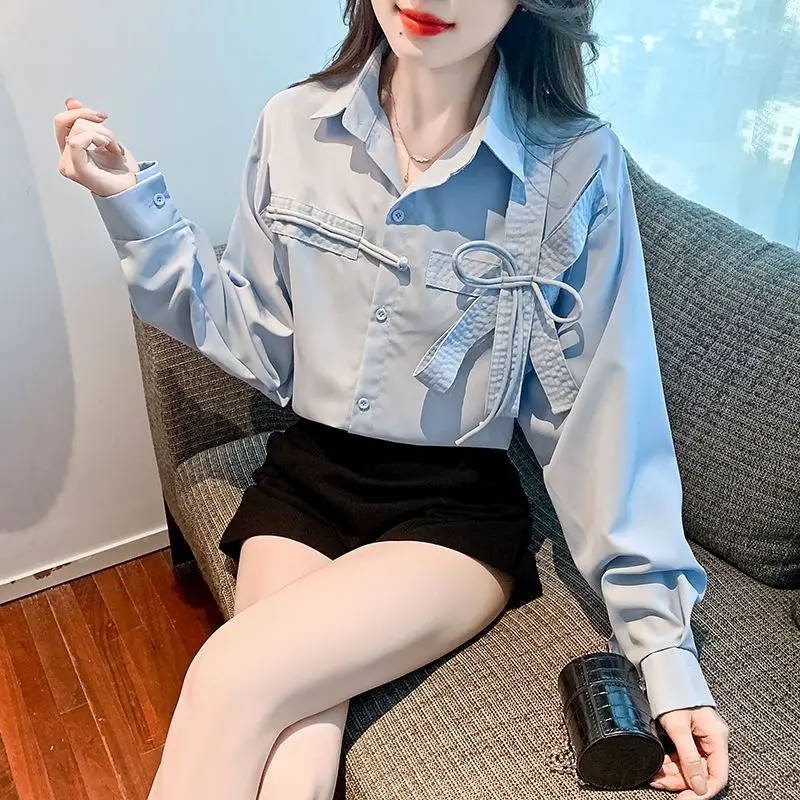 Fashion Lapel Button Spliced Lace Up Bow Shirts Female Clothing 2024 Autumn New Loose Solid Color Casual Tops Sweet Blouses