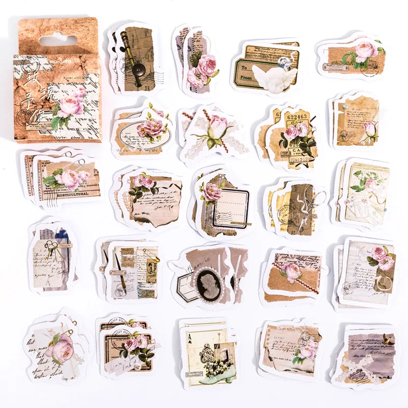 46 Pcs Retro Style Vintage Scrapbook Stickers Flower Rose Decal Antique Natural Decorative Sticker For Scrapbooking Journal Diy