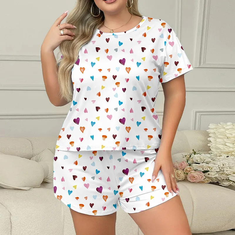 New Oversized 5XL Women Pajamas Sleepwear Pajama Set Nightgowns Short Sleeve&Shorts Colored Heart Print Casual Loungewear Outfit