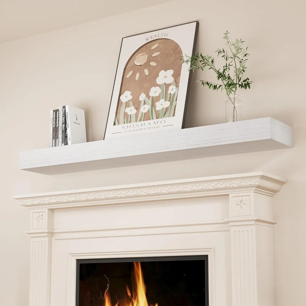 

Fireplace Mantel Shelves 60 Inch Solid Wood Wall Mounted Long Floating Shelf Hollow, White