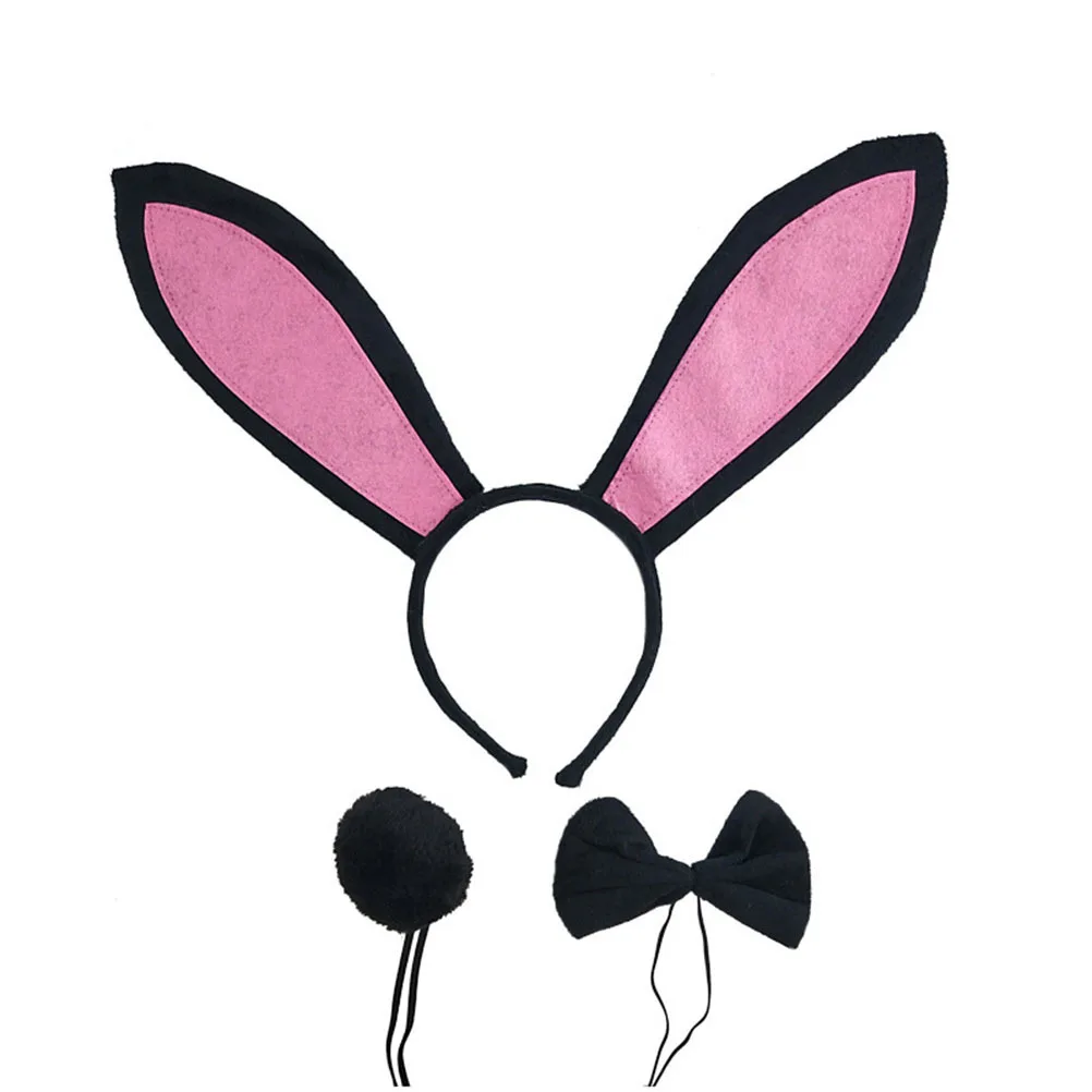 3 pçs conjunto de cocar de orelha de coelho preto diversão festival de páscoa wearable para crianças adultos traje festa role play acessório