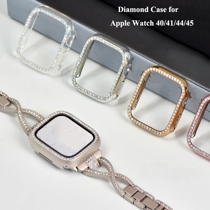 Funda de diamante para Apple Watch40 41 44 45mm cubierta protectora con Protector brillante de vidrio templado para iWatch Series9 8 7 6 5 4 3 SE
