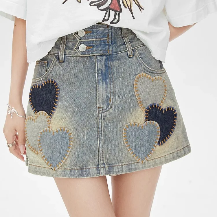 

Trendy New Women's High Waist Denim Half length Short Skirt 2024 New Love Embroidery Design A-line Skirt