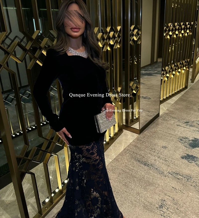 Qunque-女性のためのセクシーなベルベットレースのイブニングドレス,袖付き,床の長さ,パーソナライズされた人魚のドレス,黒