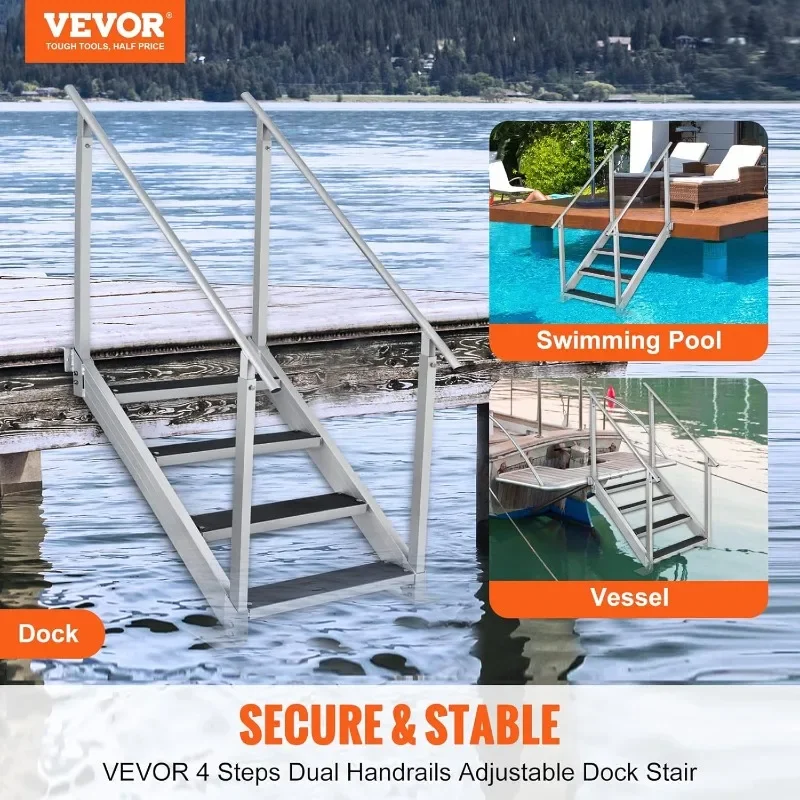 VEVOR Dock Stairs 4 Steps, 500lbs Load Pool Steps, Adjustable Height Aluminum Dock Ladders, Pontoon Boat Ladder