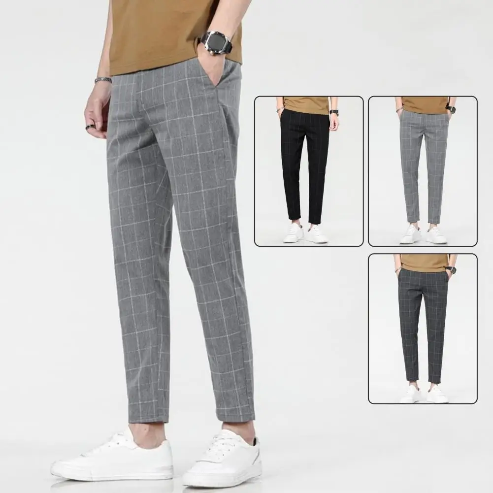 

Men's Ninth Pants Plaid Print Side Pockets Stretchy Trousers Casual Loose Thin Pants Male Straight High Waist Man Trouser Pant