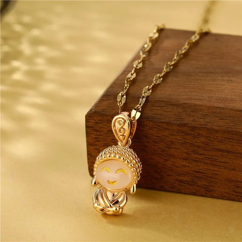 New In Cute Lucky Little Maitreya Buddha Pendant Women Necklaces Vintage Style Stainless Steel Female Chains Jewelry Wholesale