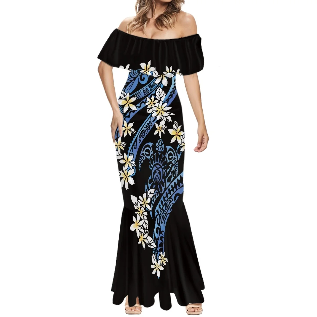 

HYCOOL Polynesian Hibiscus Print Women Dress Bodycon Mermaid Wedding Dresses For Big Women 2023 Bride Puletasi Samoan Dress