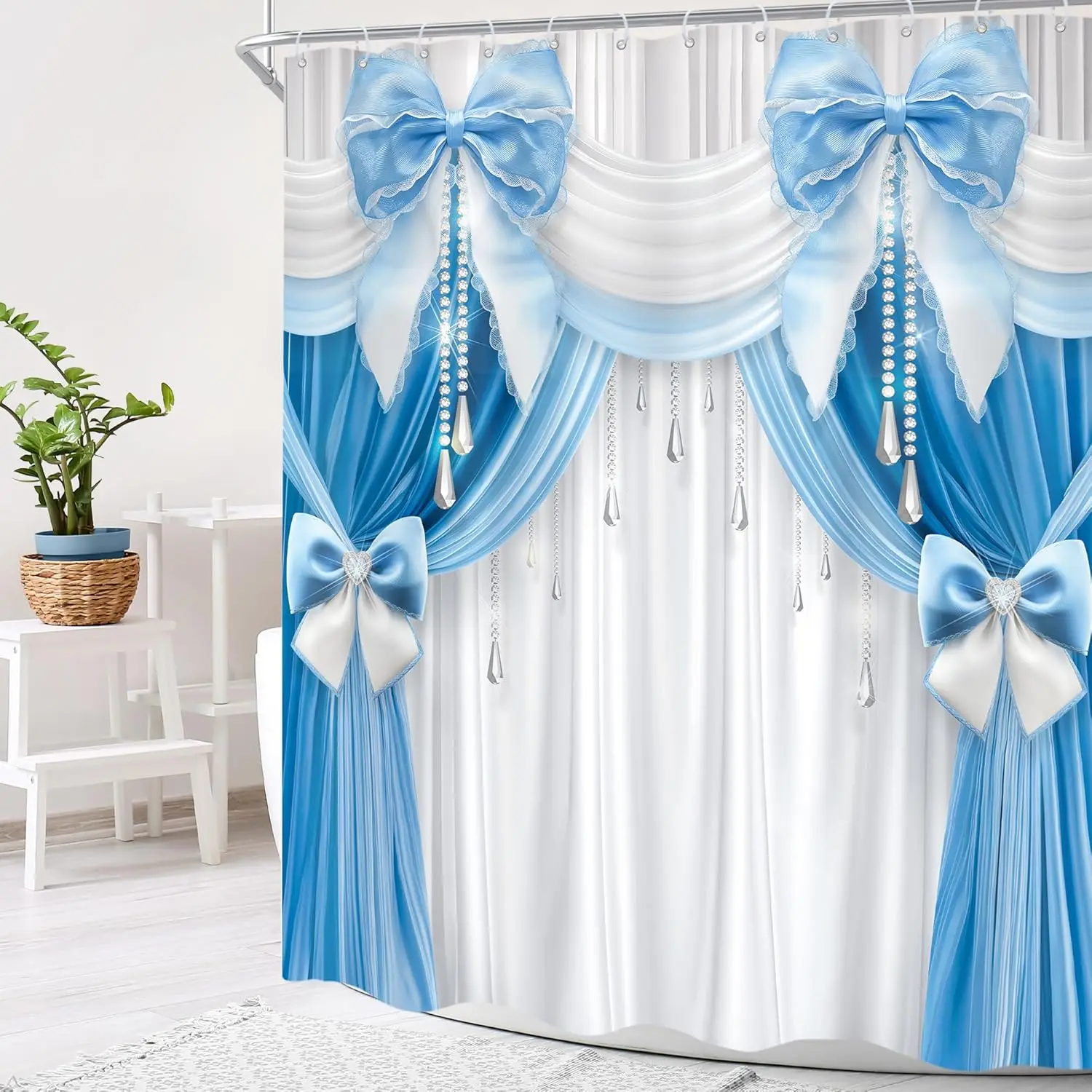 Luxury Bow Shower Curtain Blue White Satin Drapes Pearl Tassels Elegant Design Waterproof Bath Linen Romantic Home Decor Item