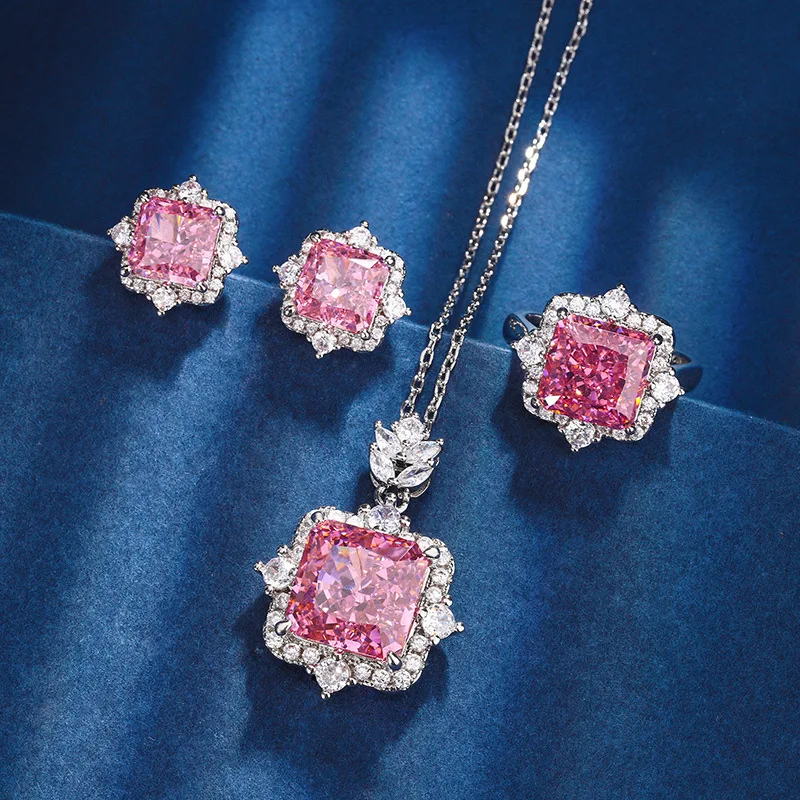 New Autumn/Winter Jewelry High-Carbon Diamond Ice Flower Cut Copper Inlaid Princess Cut Premium Set 12*12-10*10