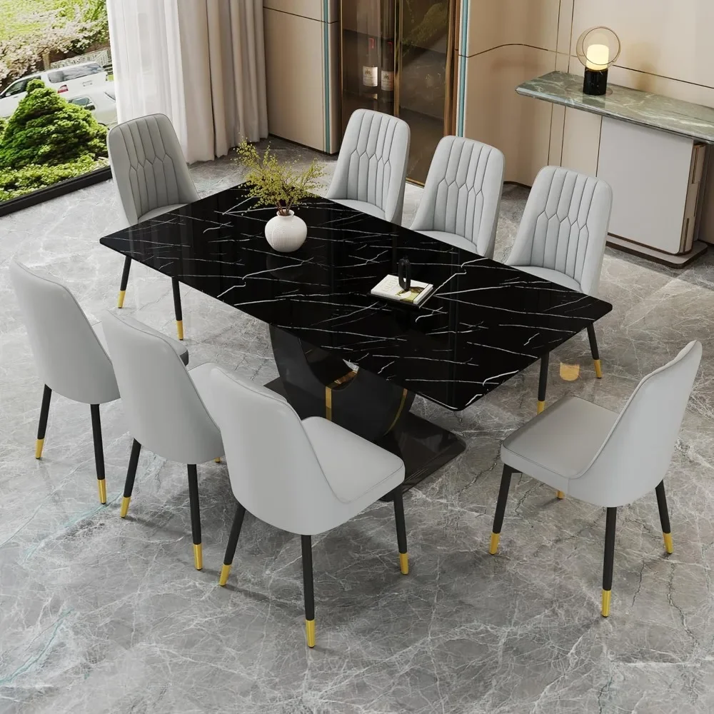 

71"Dining Table Set for 8, Tables Chairs of 8 PU Leather Upholstered Chairs, Table Set,Faux Marble Dining Table Set for 8