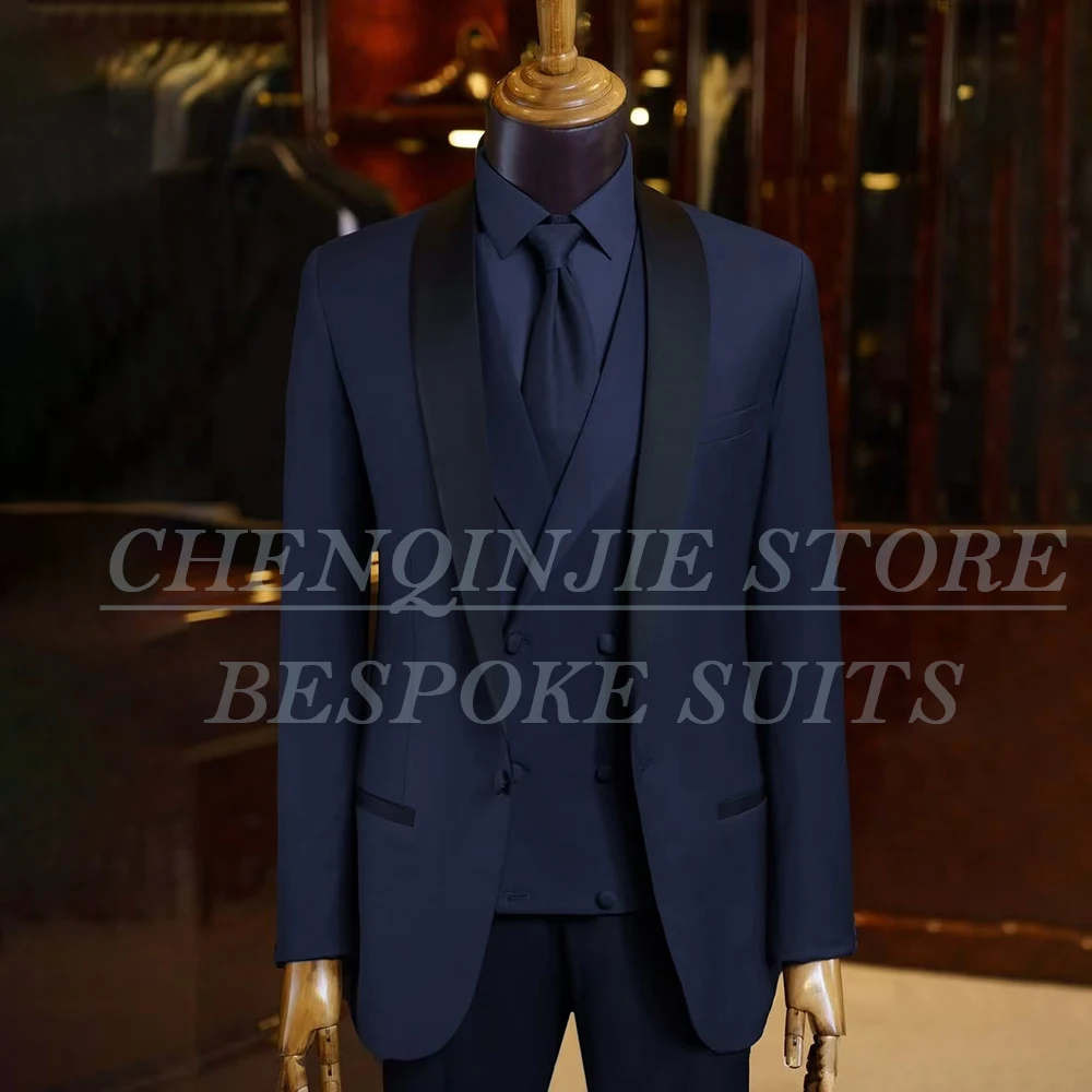 

Мужские костюмы высокого качества Farmal, темно-синие, куртка из трех предметов, брюки, жилет, роскошная шаль на одной пуговице с лацканами, свадебная мужская одежда, наряды