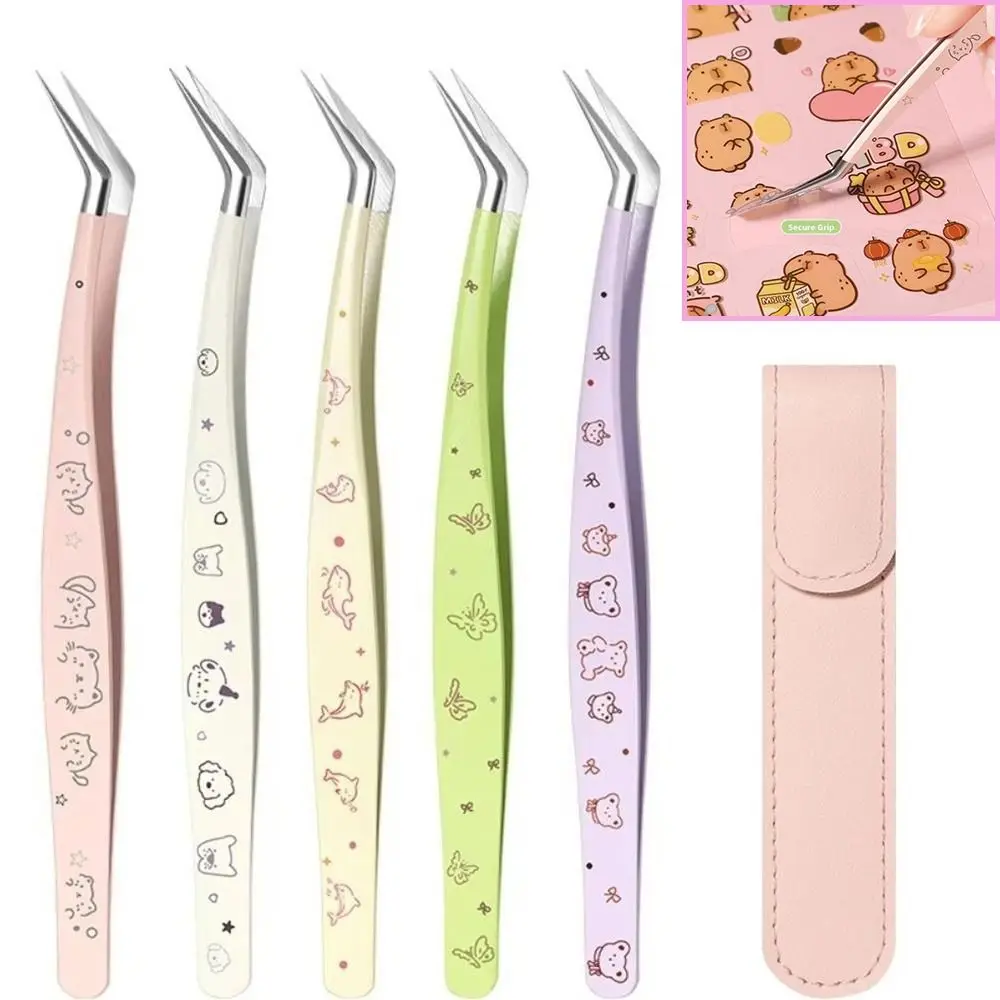 Stainless Steel False Eyelash Tweezers Anti-static High Precision Lashes Extension Tweezer With Leather Case Cartoon