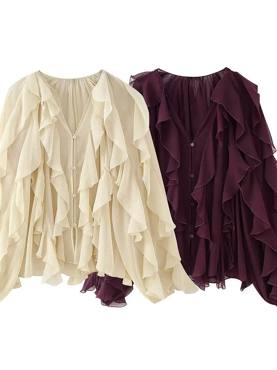 

Women's Long Sve irt Bow Layered Knot Loose Fit V-Ne Polyester Material European Sle Summer irt