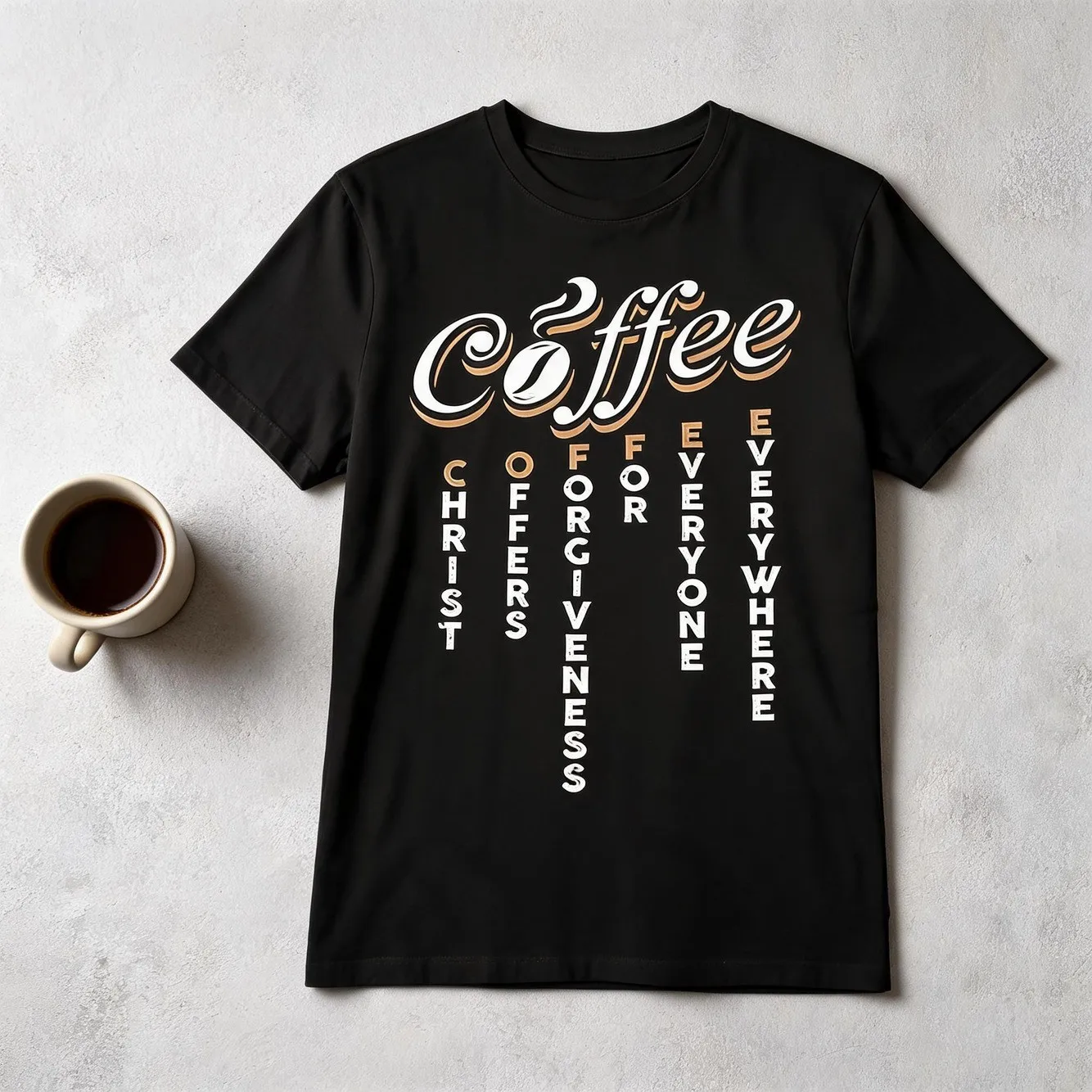 Coffeethemed Shortsleeve Tshirt Black Tee With Stylish Cursive And Vertical Text Design Highlighting Offers For Everyone Everywhere Plus Size Retro Casual Short Sleeved T Shirt With A Round Neck And Printed