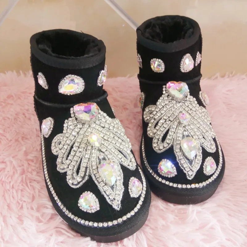 

Hand-made original large size diamond inlaid women's snow boots Flat bread shoes cotton shoes short boots solid color black fema