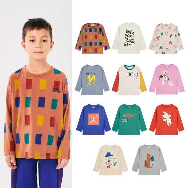 Tops for Child 2024 Autumn New Style Boys and Girls Pure Cotton Long-sleeved Printed T-shirts Baby Pure Cotton Clothes