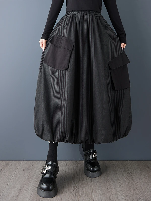 

High-End Women's Spring Autumn Loose Slimming Stripe 3D Color Blo ket Splicing Versatile Skirt k Sle High Wais...