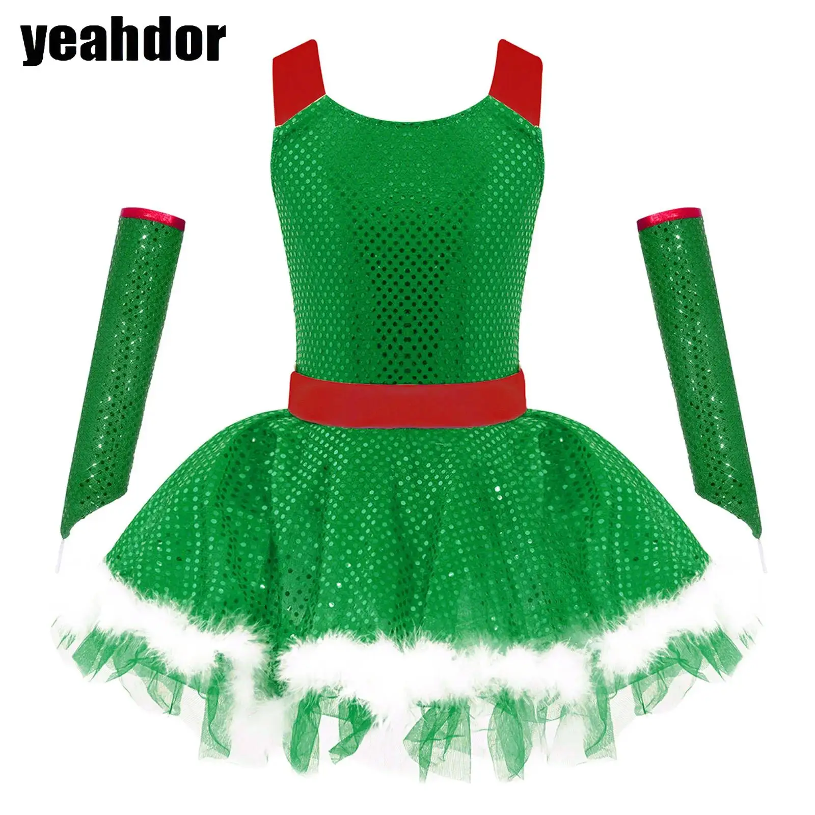 

Girls Christmas Snowman Costume Sequin Ballet Dance Dress Xmas Santa Claus Skating Tutu Faux Fur Leotard Cami Dress +Oversleeves