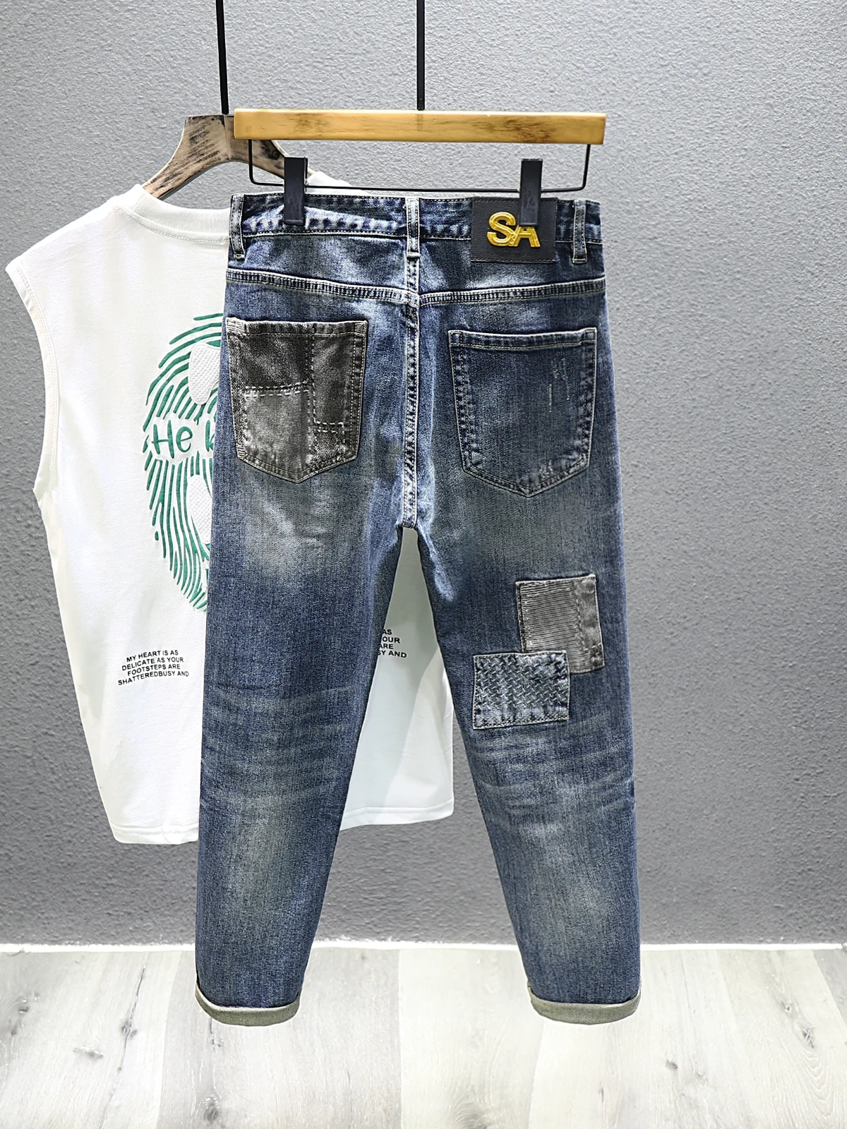 

Trendy Washed Patchwork Color Block Men's Jeans American Functional Street Harlan Style Casual Cotton Stretch Slim Fit Jeans