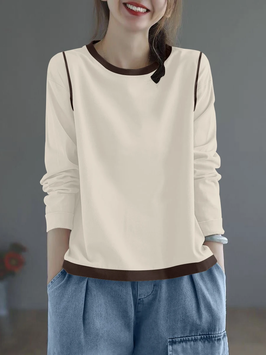 Doppelseitiger FCE-Langarm-Base-Top für Damen, Modischer Farbblock-Design, Warmer Rundhals-Pullover für Herbst und Winter