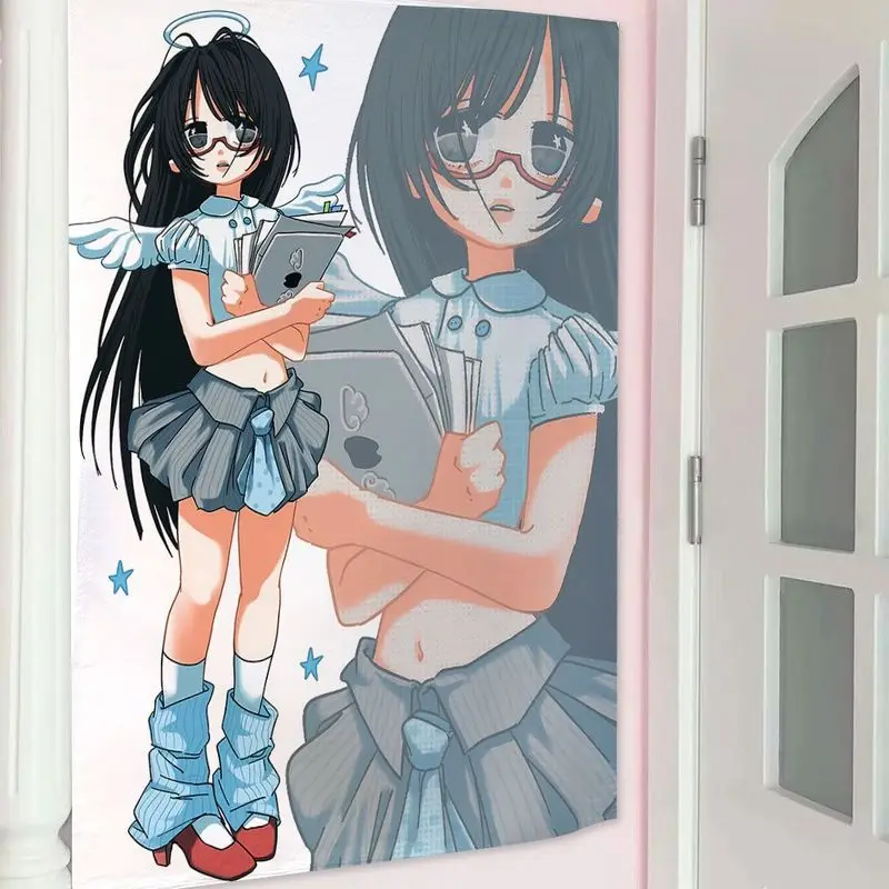 VIKAMA Cat Girl Big Fish Catch Tapestry, Cute Anime Wall Hanging for Bedroom Dorm Living Room Decor