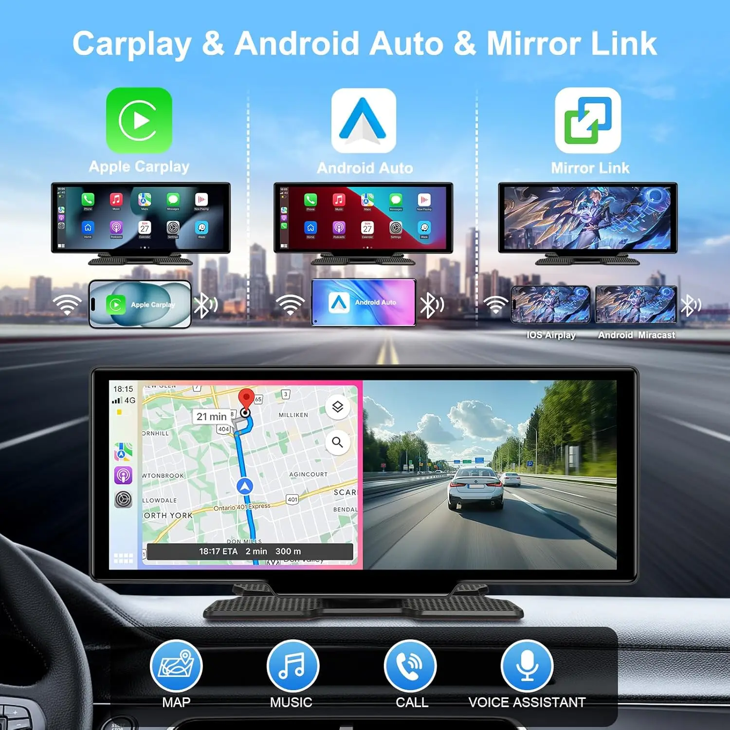 Беспроводной экран CarPlay 4K, сенсорный дисплей 10,26 дюйма с Android Auto, резервная камера 1080p, голосовое управление, Bluetooth, MirrorLink для