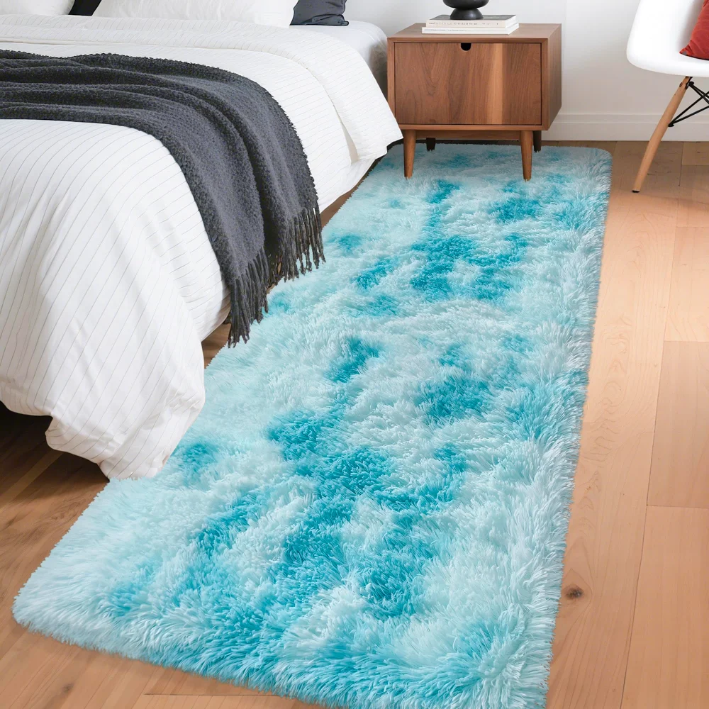 VIKAMA Gradient Blue Fluffy Runner Rug Soft Non-Slip Bedroom Bedside Mat Living Room Hallway Carpet Home Decoration
