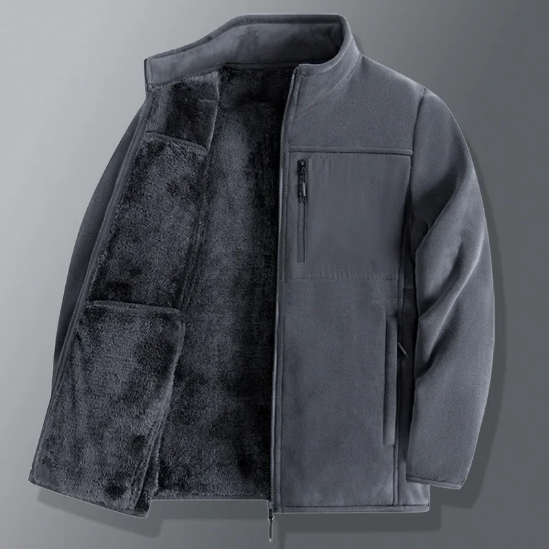 Winter Fleece Jackets Men Thick Warm Stand Collar Zipper Pockets Jacket Hiking Training Outwear Male Casual Loose Cargo Coats