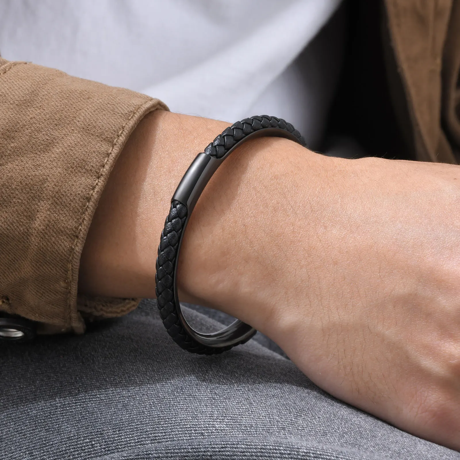 

leather bracelet bangle cuff rope for Men, Stainless Steel Bangle, Simple Pulseras Business Gift