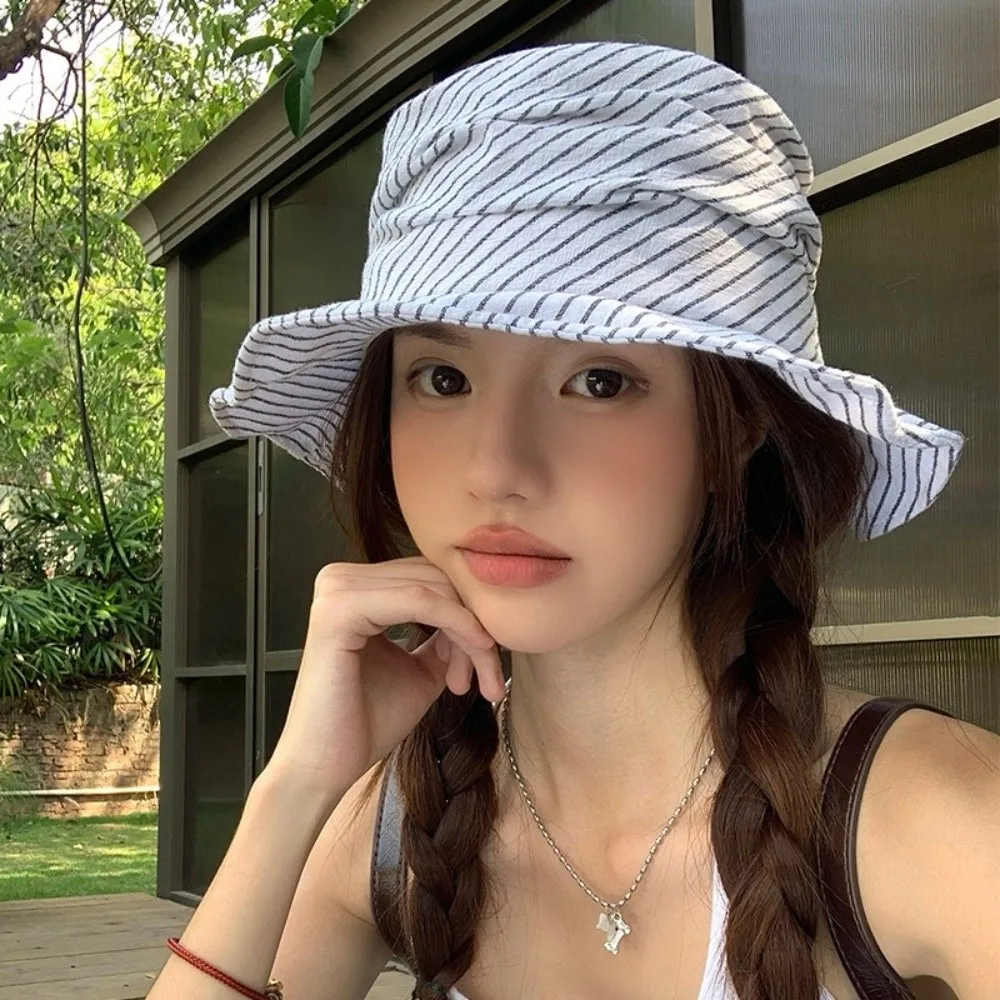 

Casual Foldable Women Bucket Hat Spring Summer Wide Brim Fisherman Caps Visor Striped Sun Hat Travel