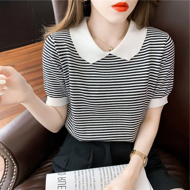 Summer New Sweet All-match Thin T Shirts Short Sleeve Striped Doll Neck Loose Contrast Tops Tees Korean Fashion Women Clothing