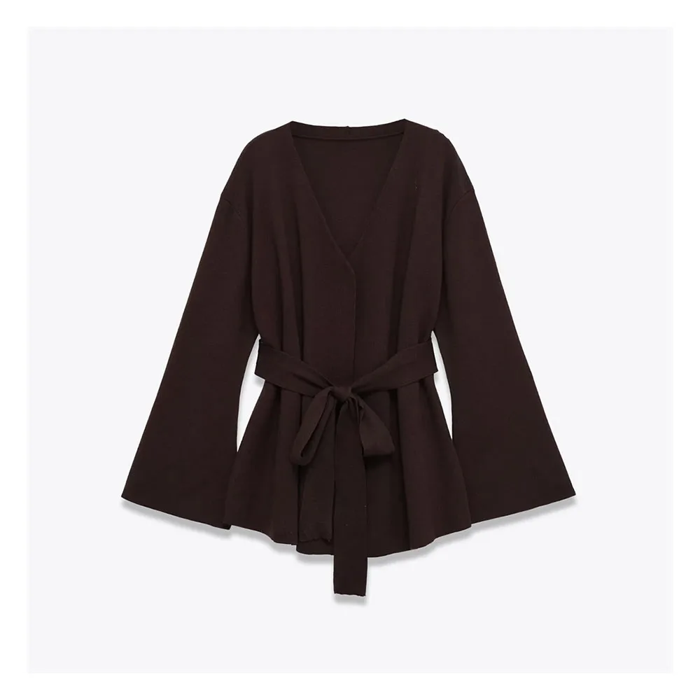 Giacca in maglia a maniche lunghe con cintura versatile con scollo a V in stile pendolarismo da donna nuovo autunno