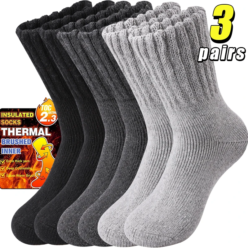 3 Paar dicke Wollsocken mit mittlerer Röhre für Damen, Winter-Thermo-Stretch gegen kalten Schnee, Frottee-Socken, einfarbige Sport-Crew-Socken
