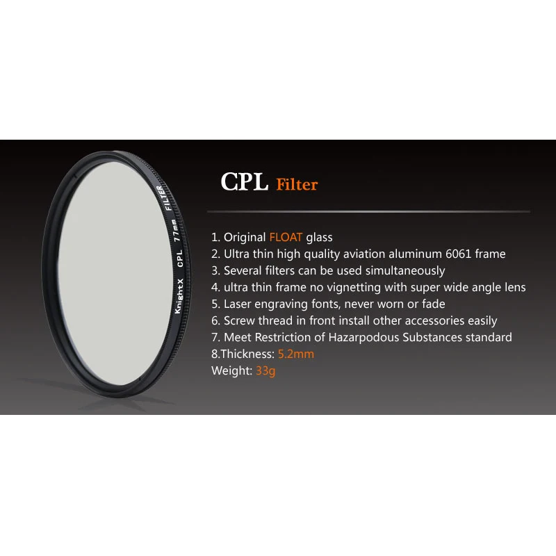 KnightX CPL Filter Circular Polarizing 49mm 52mm 55mm 58mm 67mm 72mm 77mm for Nikon Canon Sony Fujifim Olympus Camera Lens