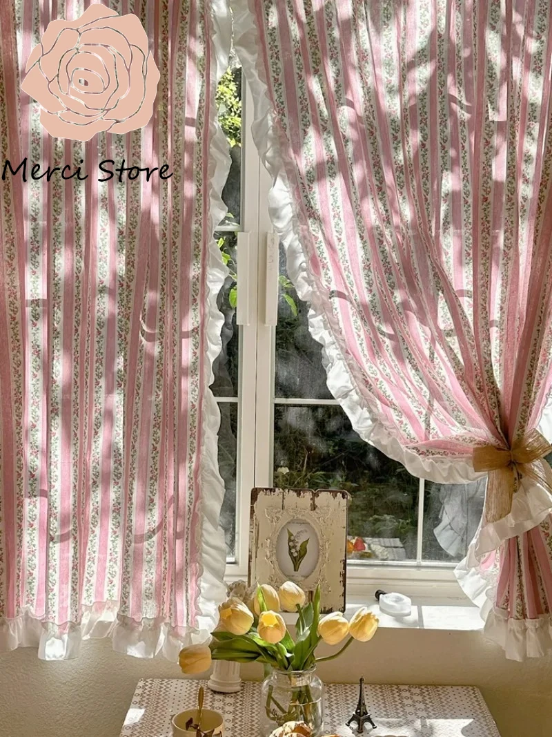 

French Ruffle Pink Sweet Style Cotton Linen Floral Semi Blackout Curtain for Living Room Bedroom Dormitory Partition Half Drapes