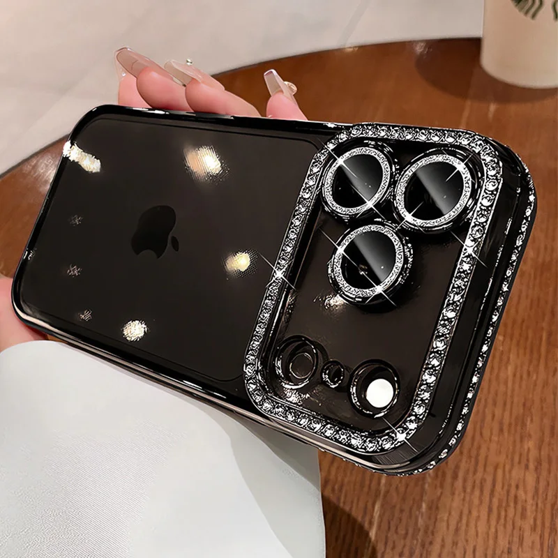 Luxuriöse Bling-Kristall-Linsenschutzfolie Handyhülle für iPhone 11 12 13 14 15 16 17 18 Pro Max Plus Air Stoßfeste Silikon-Bumper-Hülle – Detail 6