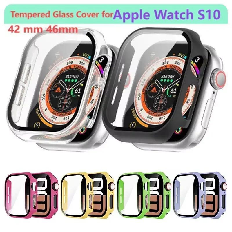 กระจกเทมเปอร์ + เคสสำหรับ Apple Watch ซีรีส์10 42มม. 46มม. อุปกรณ์ป้องกันหน้าจอกันชน PC ผิวด้านสำหรับอุปกรณ์เสริมแอปเปิ้ลวอทช์ซีรีส์10