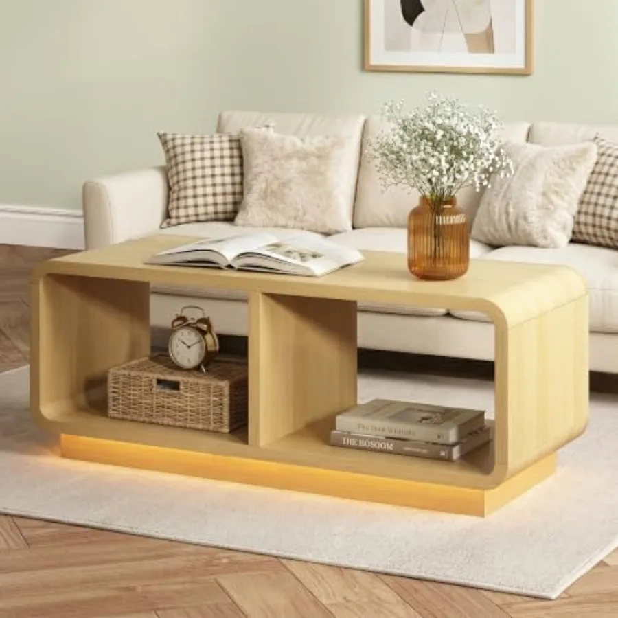 47 Mid Century Modern Coffee Table for Living Room or Office, Solid Wood with Curved Profile Design, Warm Walnut Finish, LED Li