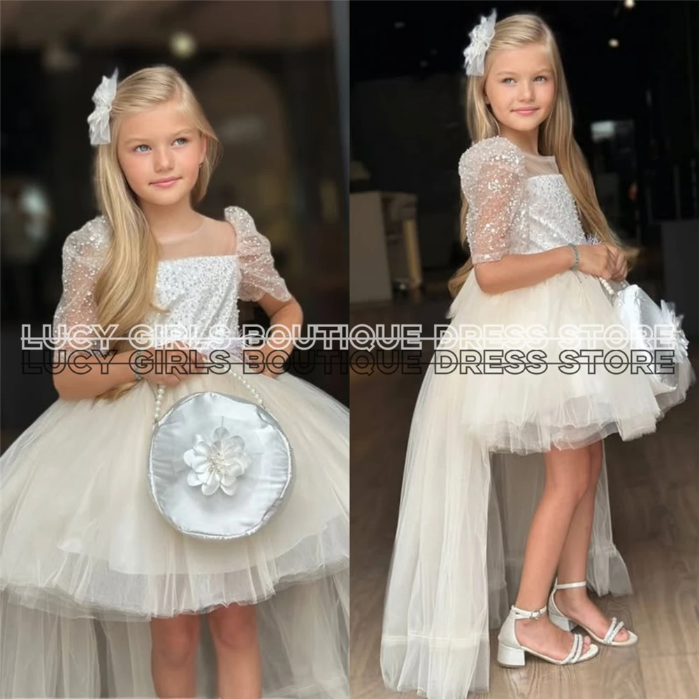 

Lovely Flower Girl Dress Tulle Fluffy With Sequins Applique For Wedding Ball Dresses Little Princess Kids Birthday Party Gowns