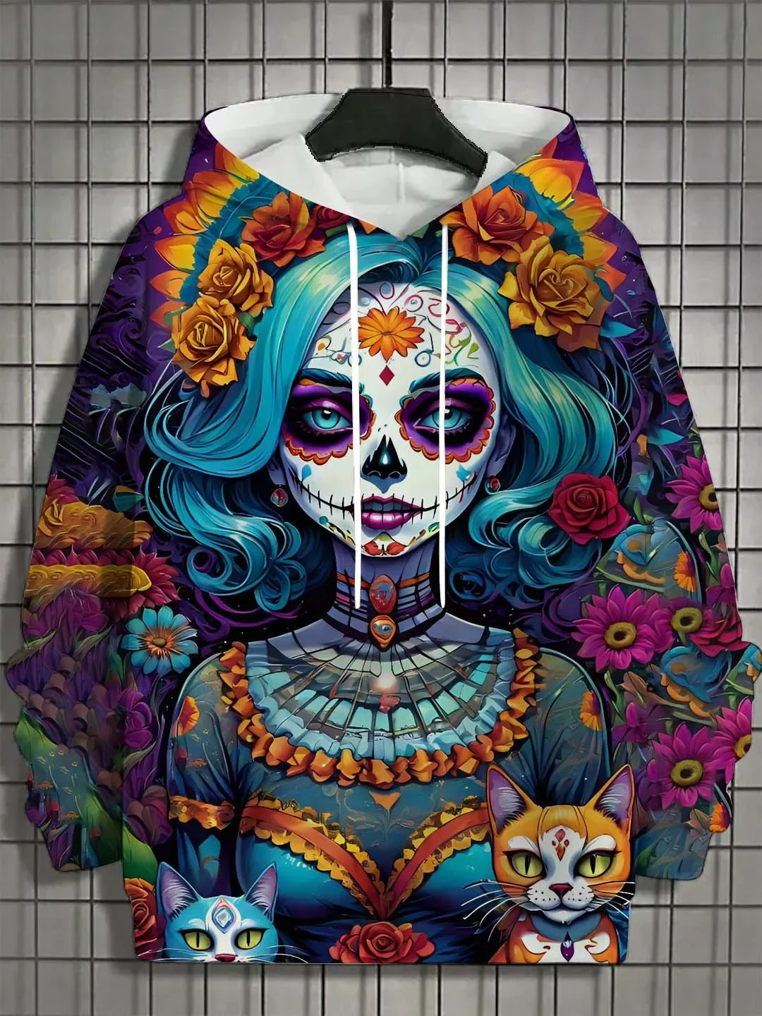 Modischer Damen-Hoodie für Mädchen, Herbst, Langarm, lässig, sexy Mädchenkleidung, Horror-Untoten-Schädel-Muster, Unisex-Oberteil – Detail 4