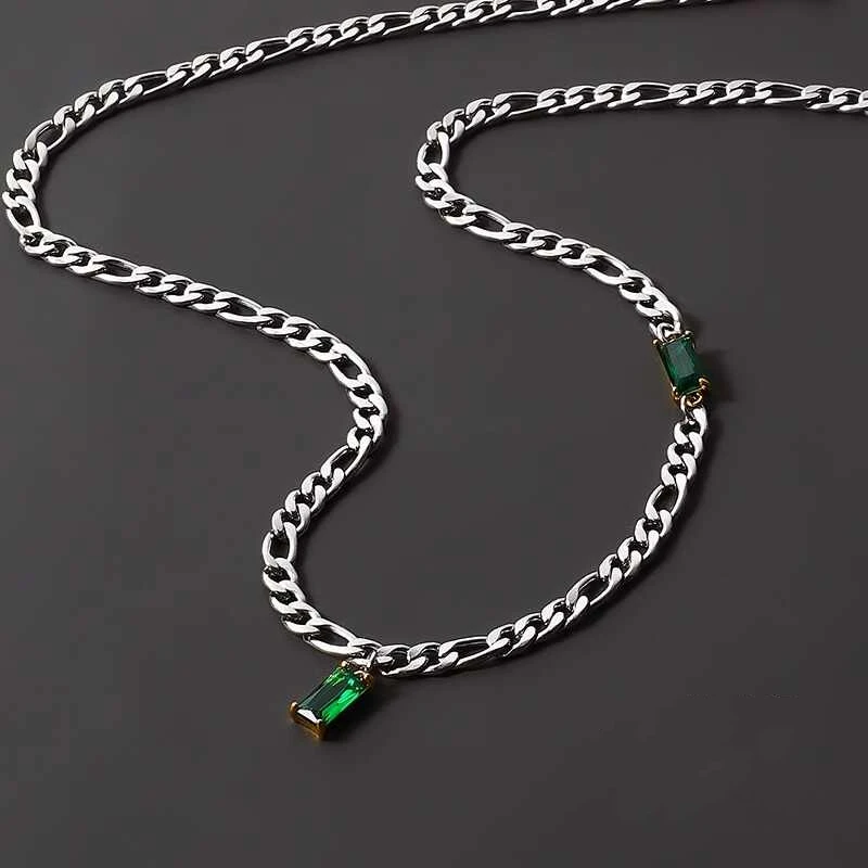 Vintage Emerald Zircon Necklace For Man Woman Fashion Titanium Steel Splicing Pendant Necklace Unisex Jewelry Hip-hop Accessorie