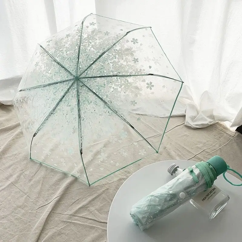 Umbrella 3 Fold Umbrella Rain Gear Fashion Cherry Blossom Transparent Umbrella Fresh Simple Protect Against Wind Clear Rain Gear