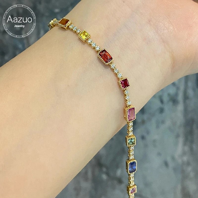 Aazuo Original 18K Yellow Gold Natrual Color Sapphire Real Diamonds Rainbow Bracelet For Woman Upscale Trendy Engagement Party