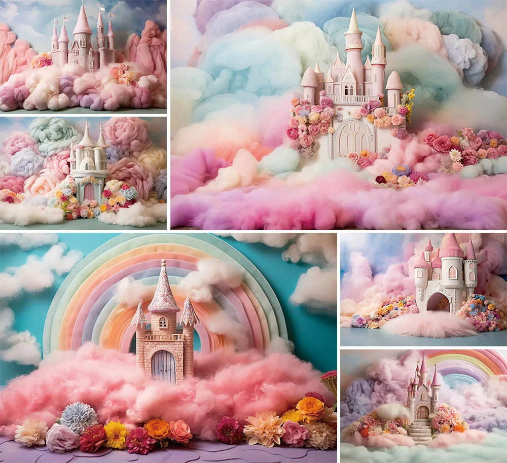 

Mehofond Photography Backdrop Rainbow Castle Princess Birthday Party Flower Colorful Cloud Background Cake Smash Decor Photocall