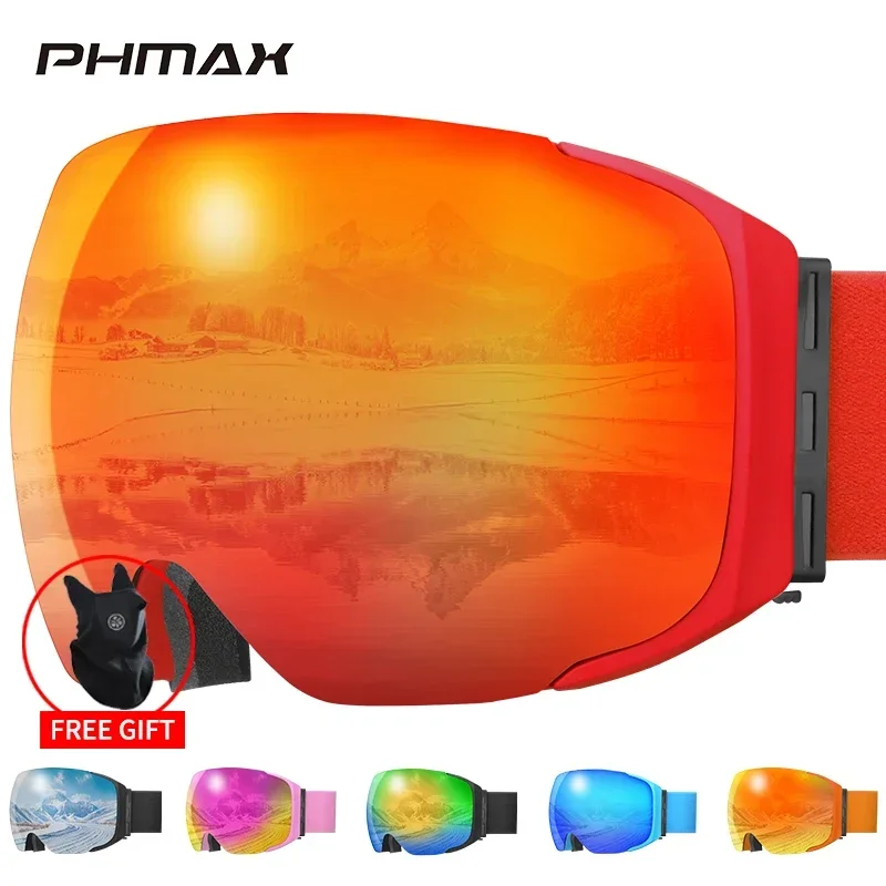 PHMAX 남녀공용 스키 고글, UV400 김서림 방지 안경, 마그네틱 렌즈, 야외 스포츠, 산악 스노보드, 마스크 포함 대형 스노우 고글