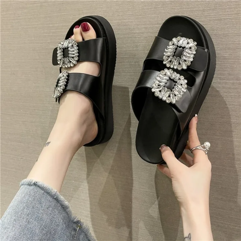 Crystal Women Flats Slippers Shoes 2024 Flip Flops Summer New Fashion Open Toe Beach Outdoor Black Sandals Slides Ladies Shoes