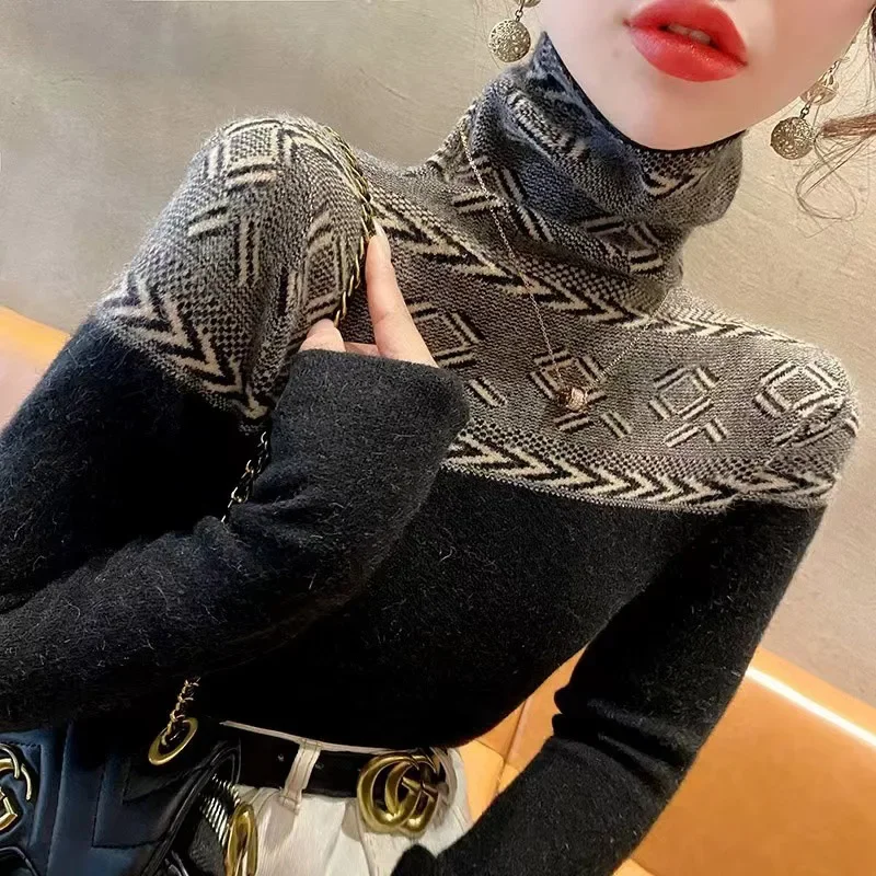 Fashion Vintage Women's Jumper Turtleneck Slim Sweaters Winter Long Sleeve Fashion Inside Basic Knitted Pullovers Base Sweater